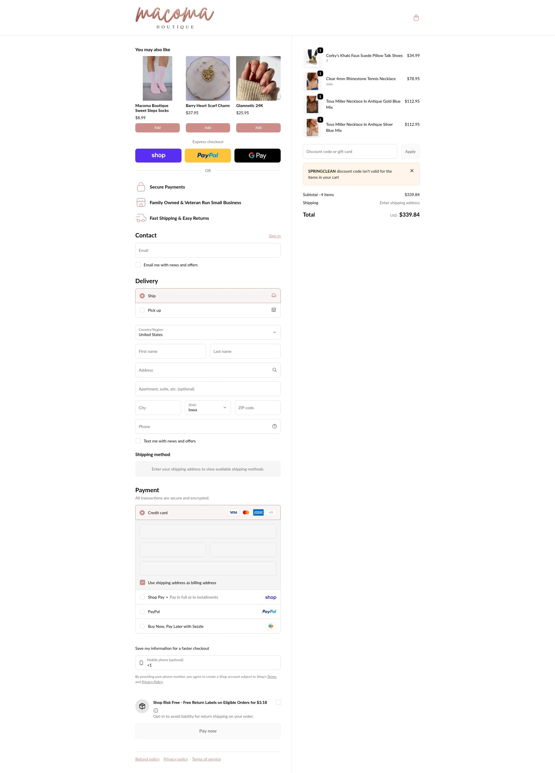 Macoma Boutique checkout page showing Macoma Boutique coupon code box | Screenshot taken by SimplyCodes community member on Feb 15, 2026