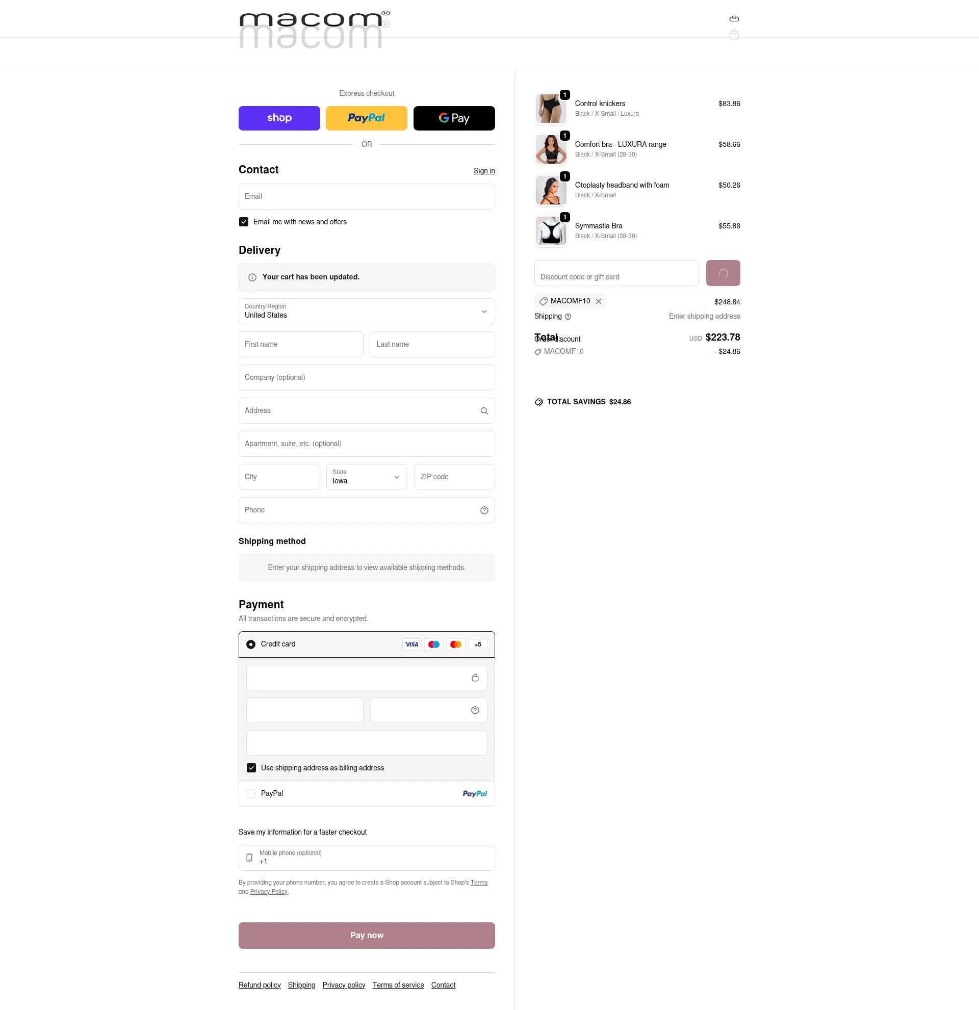 Macom Medical checkout page showing Macom Medical discount code box | Screenshot taken by SimplyCodes community member on Feb 11, 2026