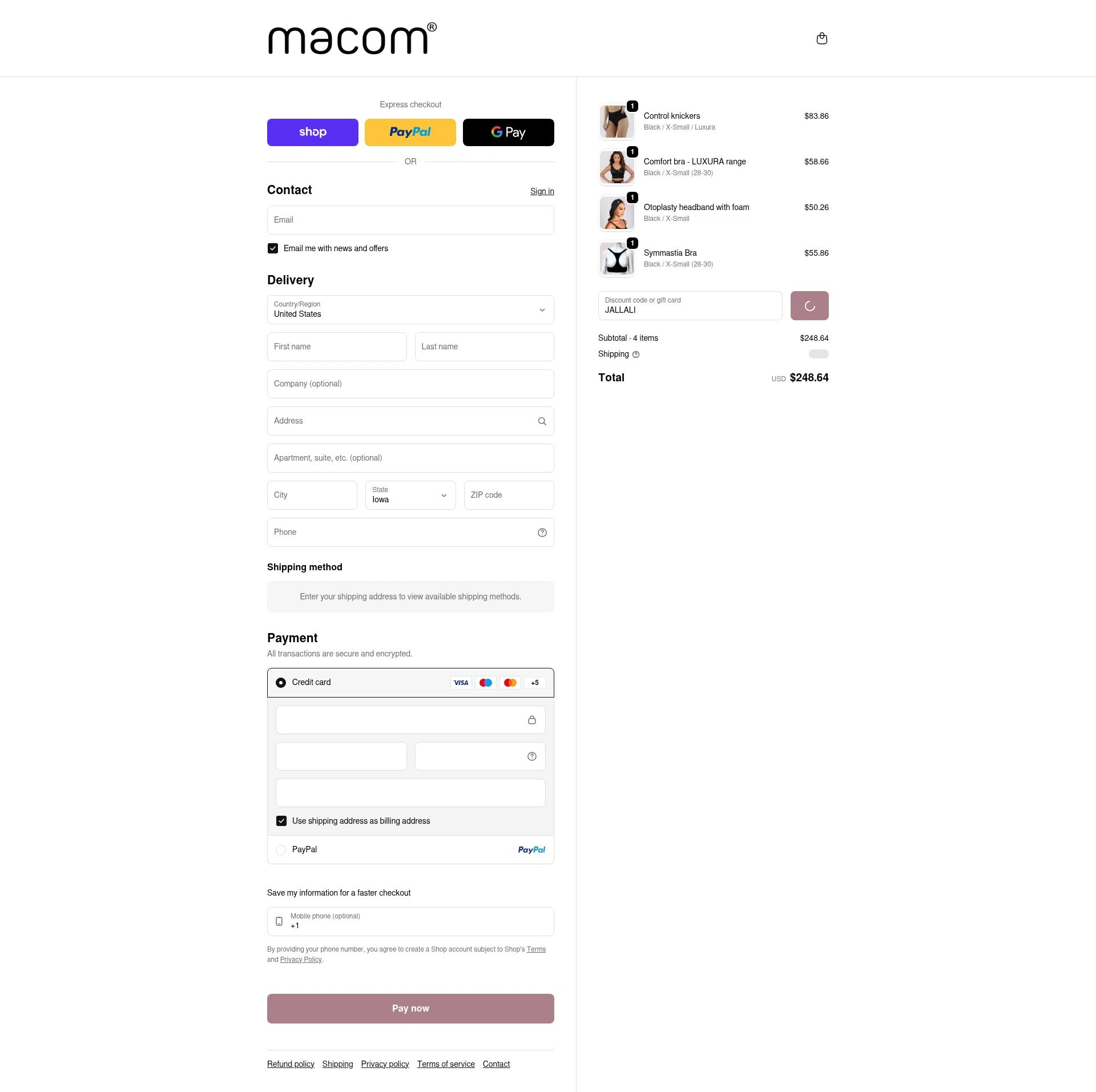Macom Medical checkout page showing Macom Medical discount code box | Screenshot taken by SimplyCodes community member on Feb 11, 2026