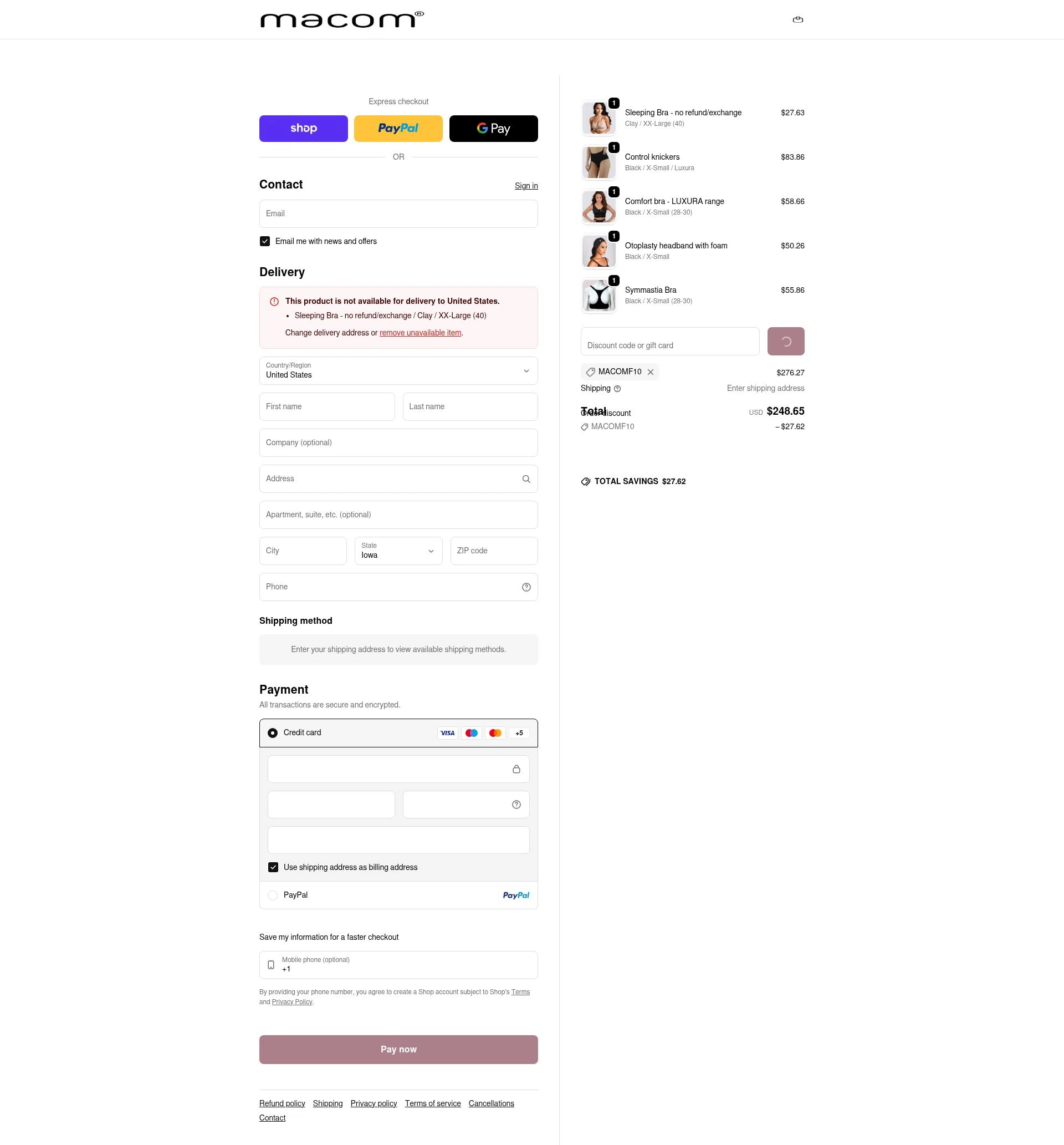Macom Medical checkout page showing Macom Medical discount code box | Screenshot taken by SimplyCodes community member on Feb 7, 2026