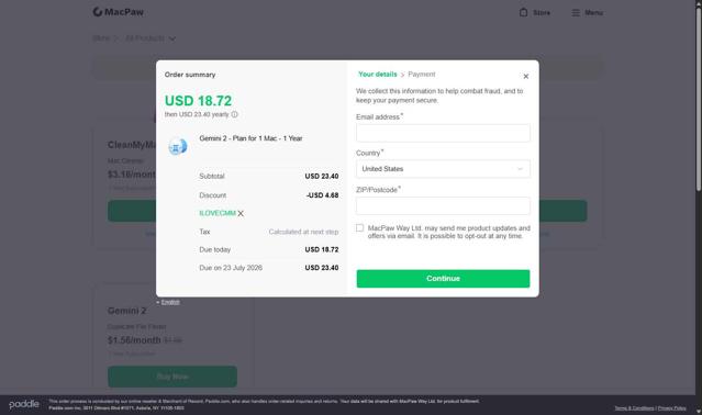 MacPaw checkout page showing MacPaw promo code box | Screenshot taken by SimplyCodes community member on Jul 23, 2025