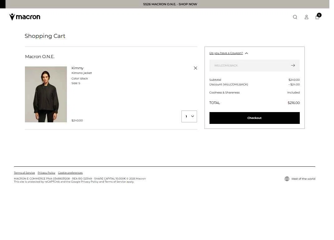 Macron checkout page showing Macron discount code box | Screenshot taken by SimplyCodes community member on Feb 11, 2026