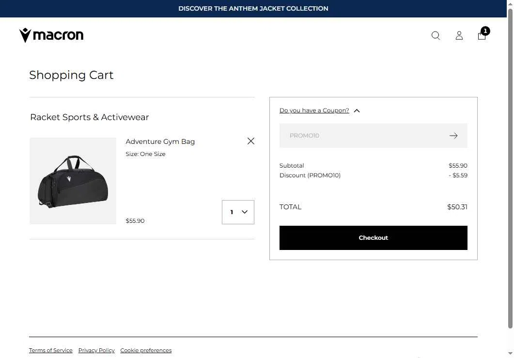 Macron checkout page showing Macron discount code box | Screenshot taken by SimplyCodes community member on Dec 5, 2025
