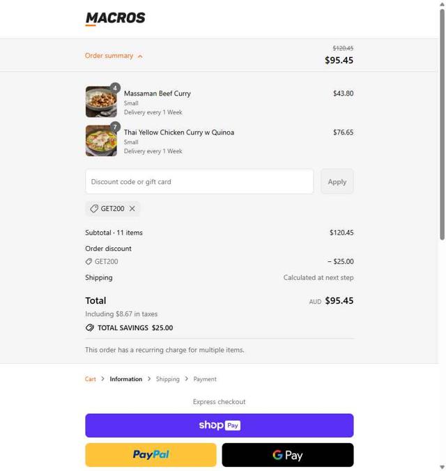Macros checkout page showing Macros coupon code box | Screenshot taken by SimplyCodes community member on Aug 19, 2025