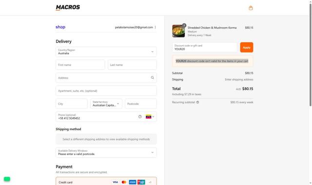 Macros checkout page showing Macros coupon code box | Screenshot taken by SimplyCodes community member on Sep 1, 2025