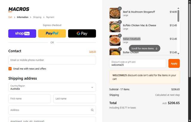 Macros checkout page showing Macros coupon code box | Screenshot taken by SimplyCodes community member on Aug 4, 2025