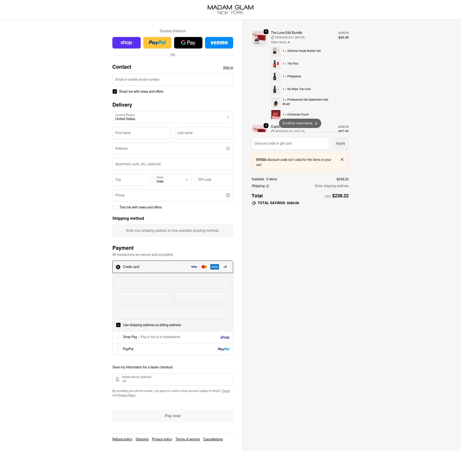 Madam Glam checkout page showing Madam Glam promo code box | Screenshot taken by SimplyCodes community member on Feb 19, 2026
