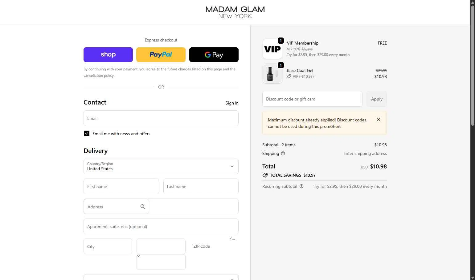 Madam Glam checkout page showing Madam Glam promo code box | Screenshot taken by SimplyCodes community member on Feb 19, 2026