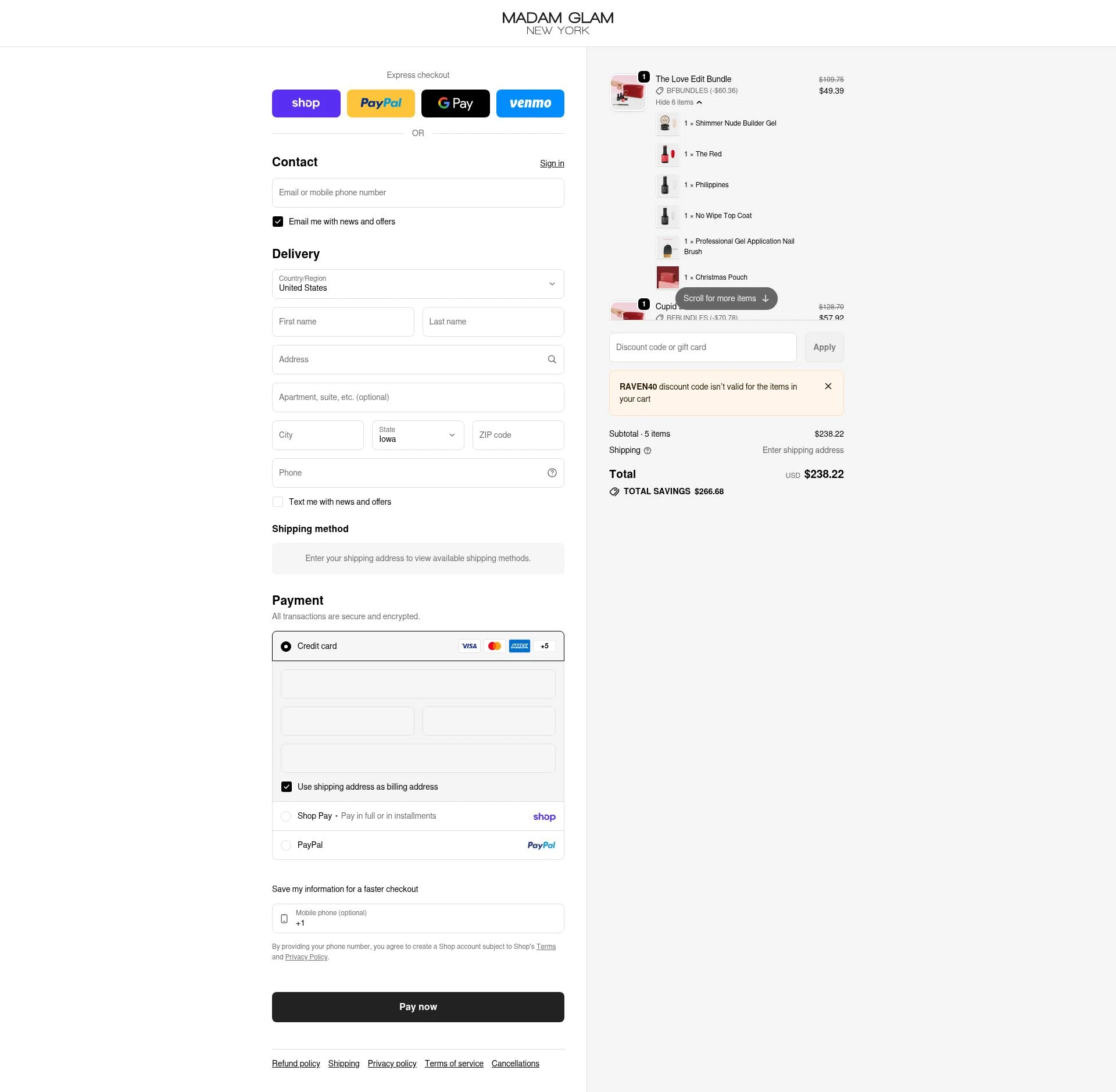 Madam Glam checkout page showing Madam Glam promo code box | Screenshot taken by SimplyCodes community member on Feb 19, 2026