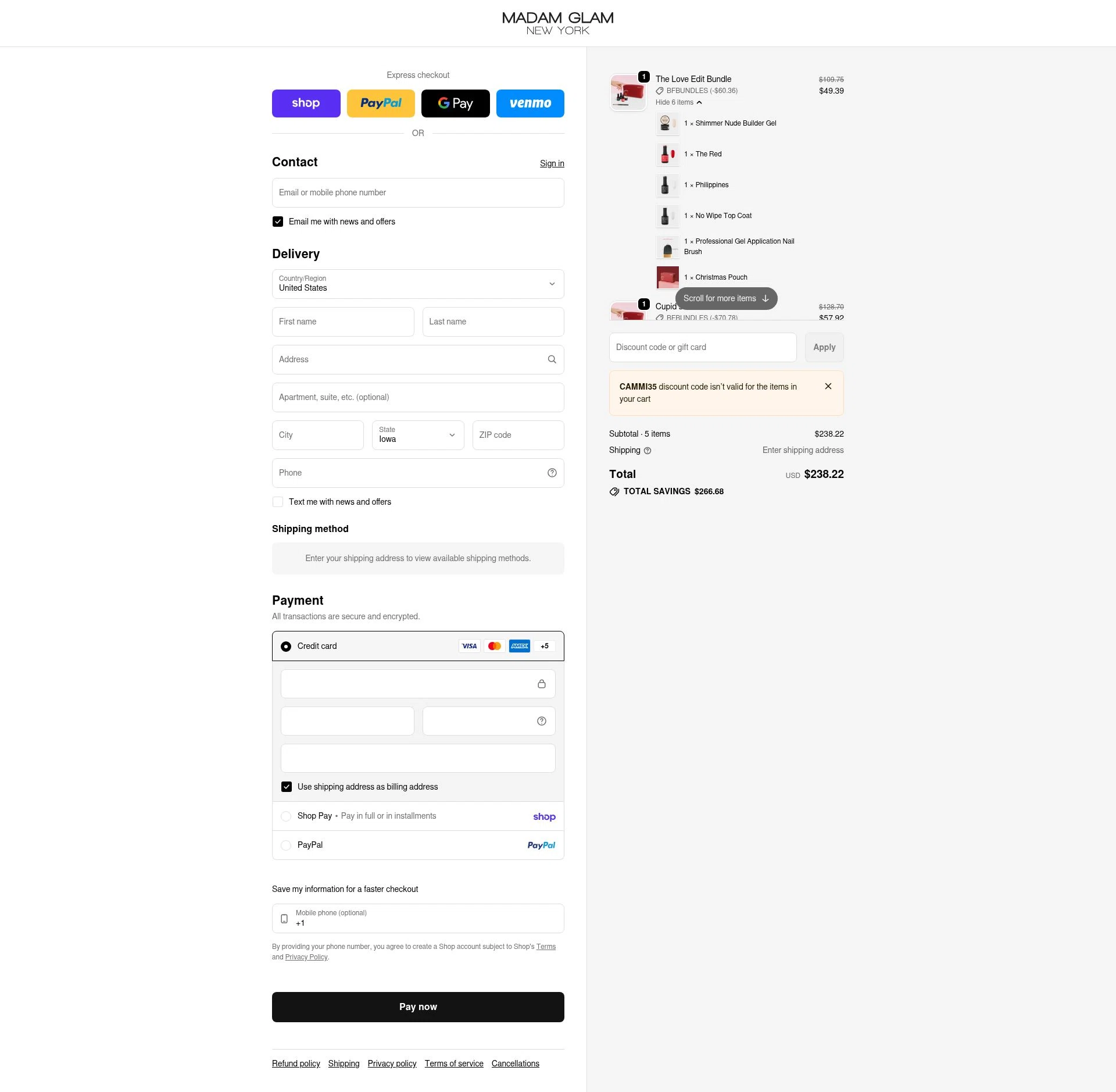 Madam Glam checkout page showing Madam Glam promo code box | Screenshot taken by SimplyCodes community member on Feb 19, 2026