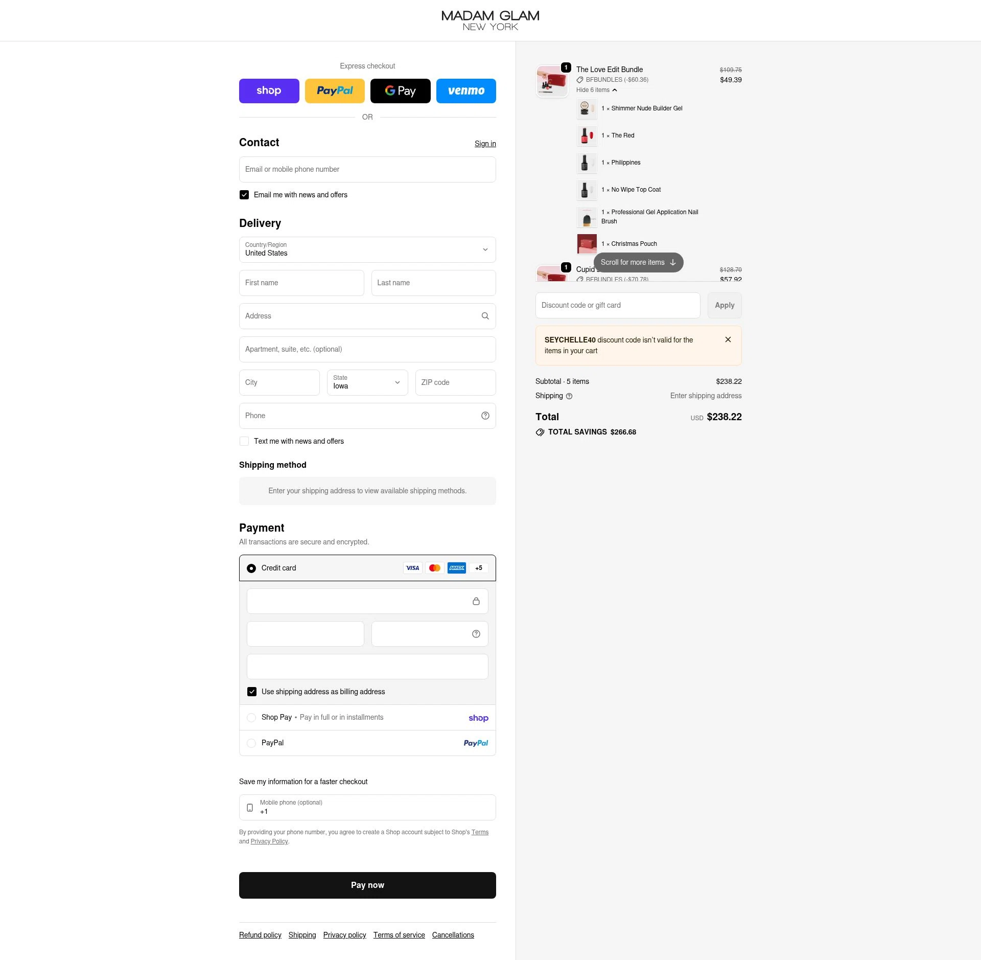 Madam Glam checkout page showing Madam Glam promo code box | Screenshot taken by SimplyCodes community member on Feb 19, 2026
