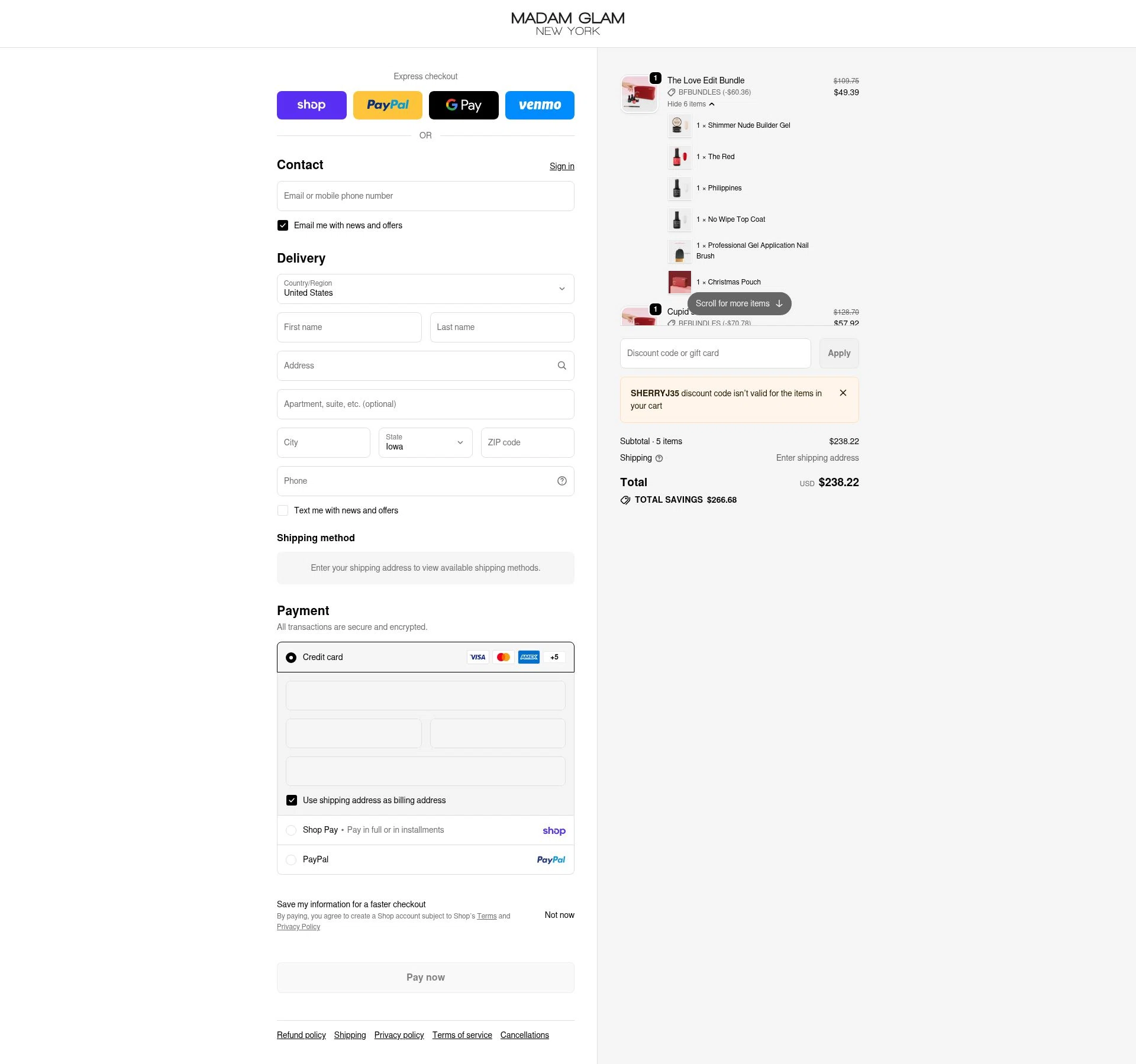 Madam Glam checkout page showing Madam Glam promo code box | Screenshot taken by SimplyCodes community member on Feb 19, 2026