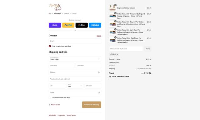 Madam Sew checkout page showing Madam Sew discount code box | Screenshot taken by SimplyCodes community member on Sep 15, 2025