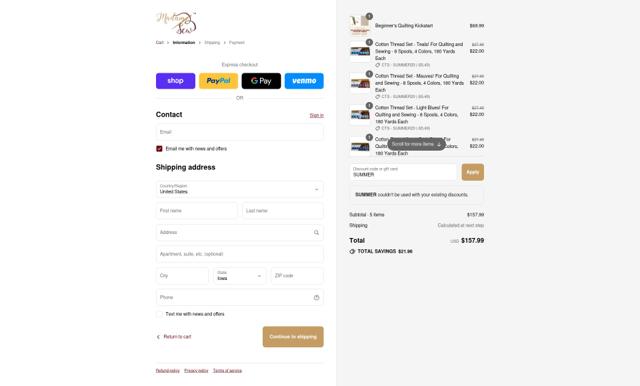 Madam Sew checkout page showing Madam Sew discount code box | Screenshot taken by SimplyCodes community member on Sep 15, 2025