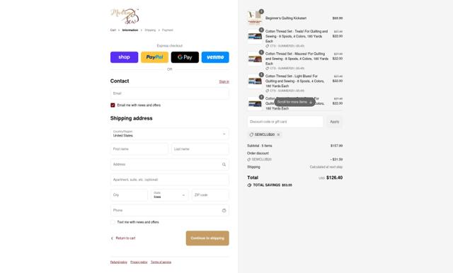 Madam Sew checkout page showing Madam Sew discount code box | Screenshot taken by SimplyCodes community member on Sep 15, 2025