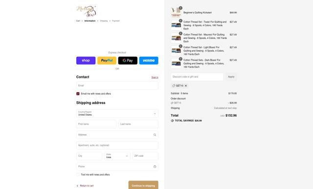 Madam Sew checkout page showing Madam Sew discount code box | Screenshot taken by SimplyCodes community member on Sep 15, 2025