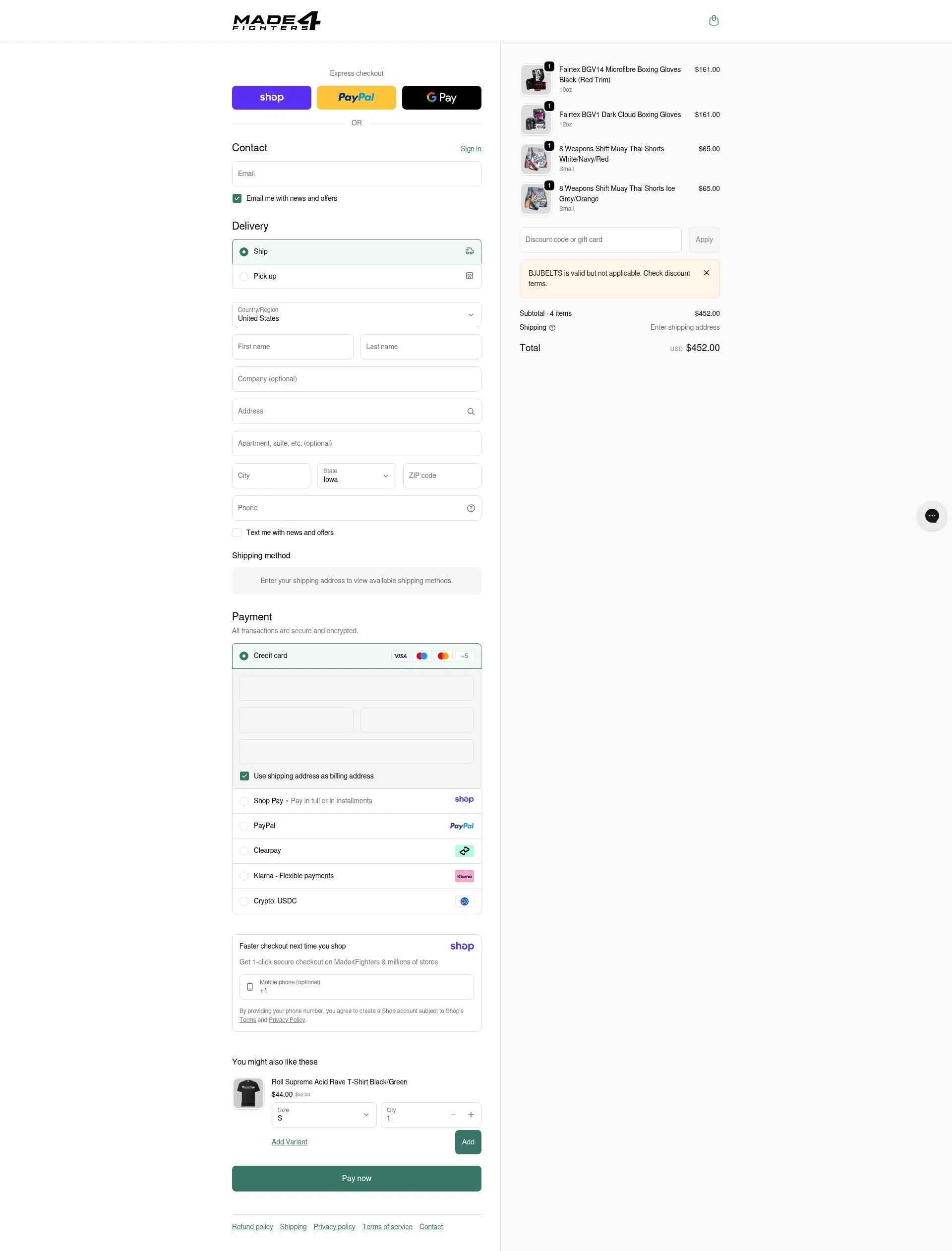 Made4Fighters checkout page showing Made4Fighters promo code box | Screenshot taken by SimplyCodes community member on Jan 13, 2026