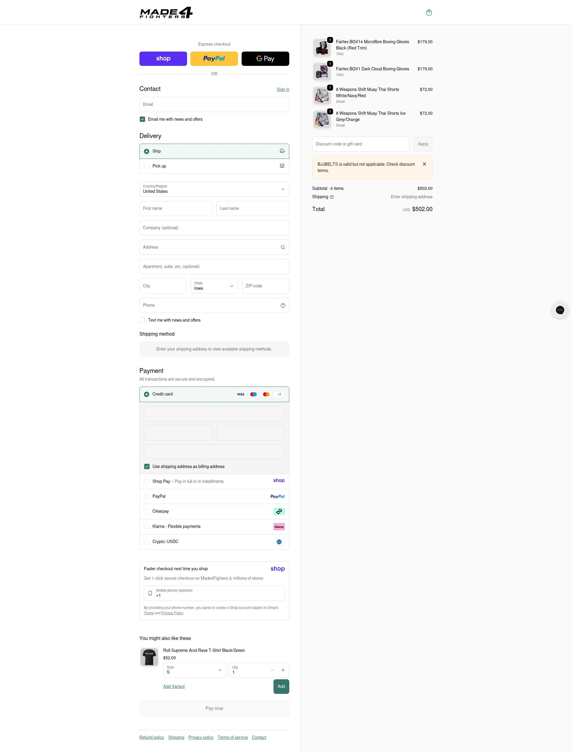 Made4Fighters checkout page showing Made4Fighters promo code box | Screenshot taken by SimplyCodes community member on Jan 8, 2026