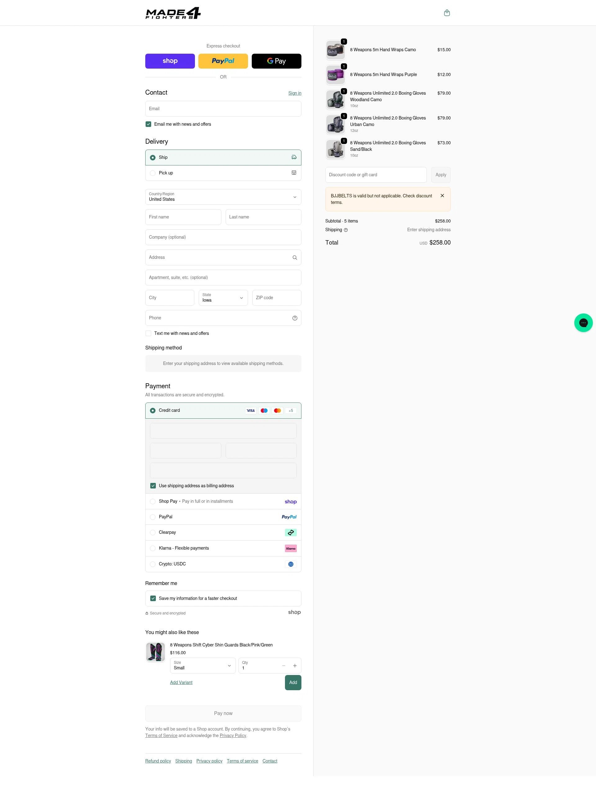 Made4Fighters checkout page showing Made4Fighters promo code box | Screenshot taken by SimplyCodes community member on Jan 23, 2026