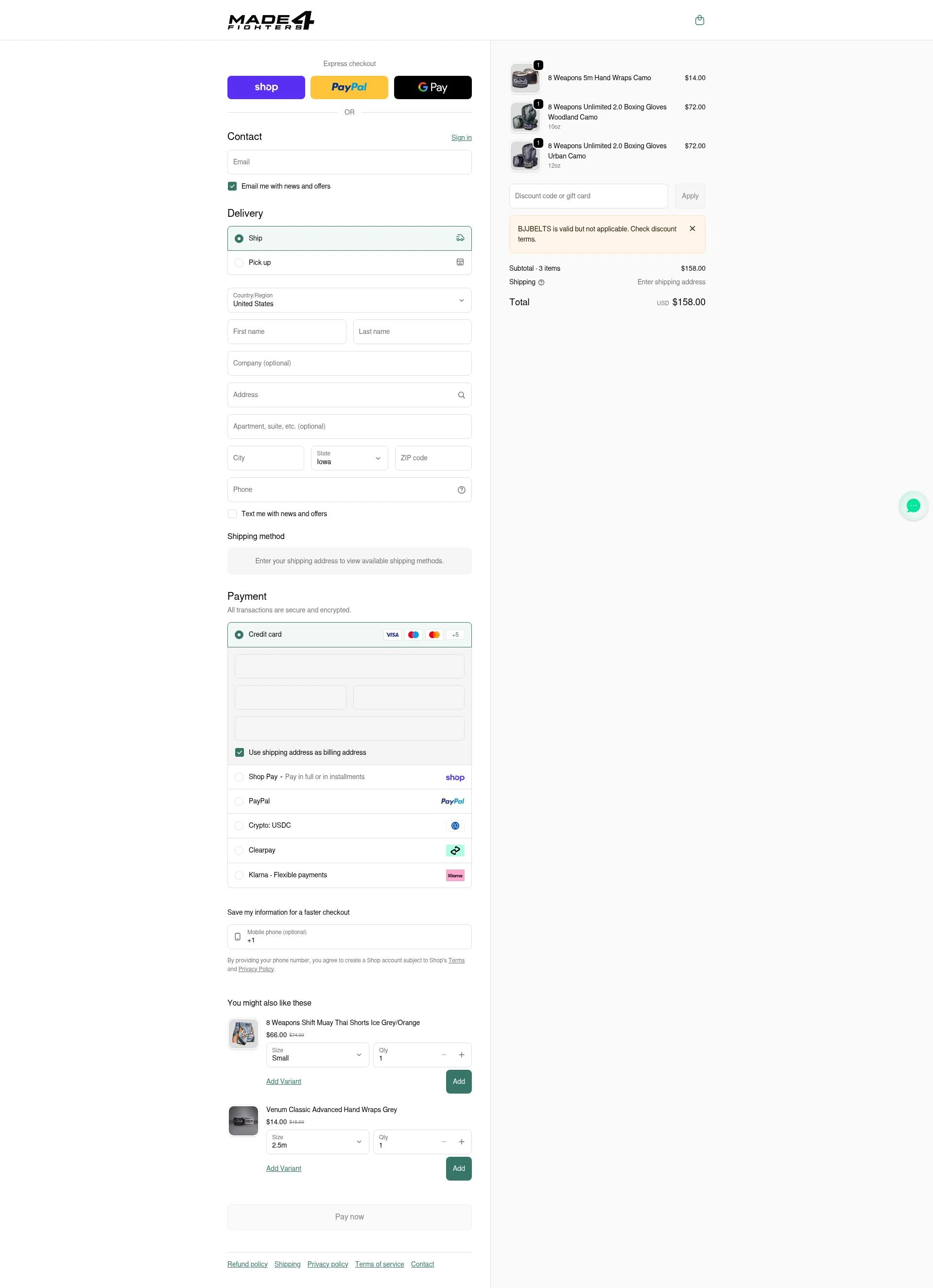 Made4Fighters checkout page showing Made4Fighters promo code box | Screenshot taken by SimplyCodes community member on Feb 14, 2026