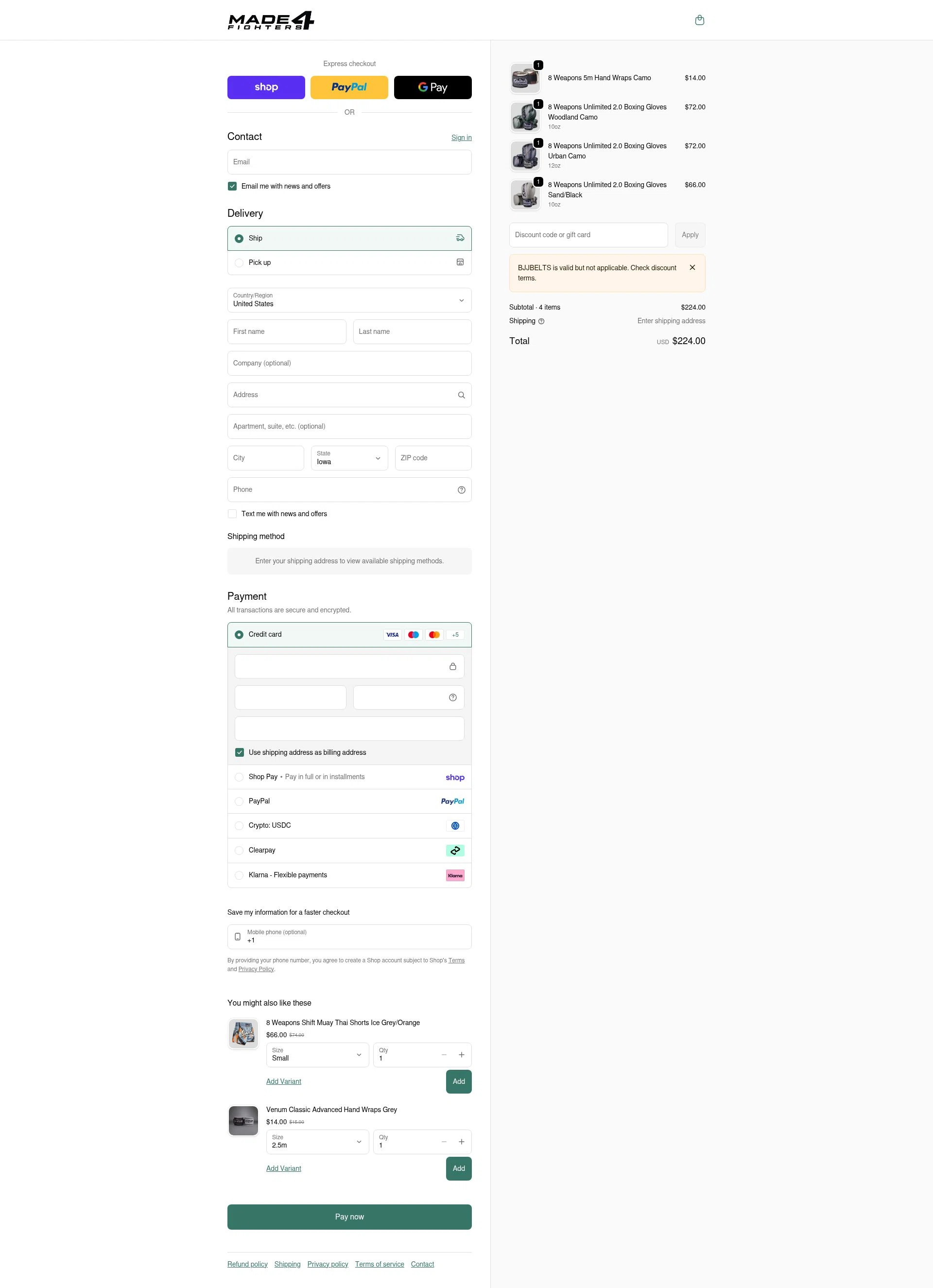 Made4Fighters checkout page showing Made4Fighters promo code box | Screenshot taken by SimplyCodes community member on Feb 1, 2026