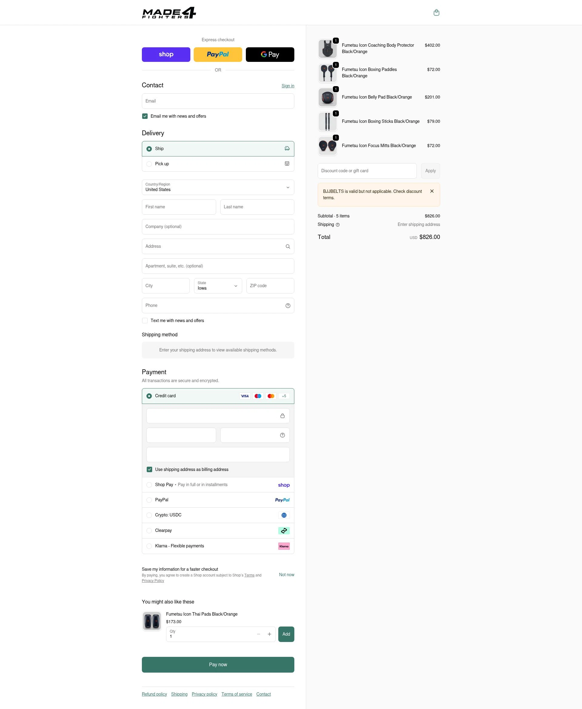 Made4Fighters checkout page showing Made4Fighters promo code box | Screenshot taken by SimplyCodes community member on Feb 19, 2026