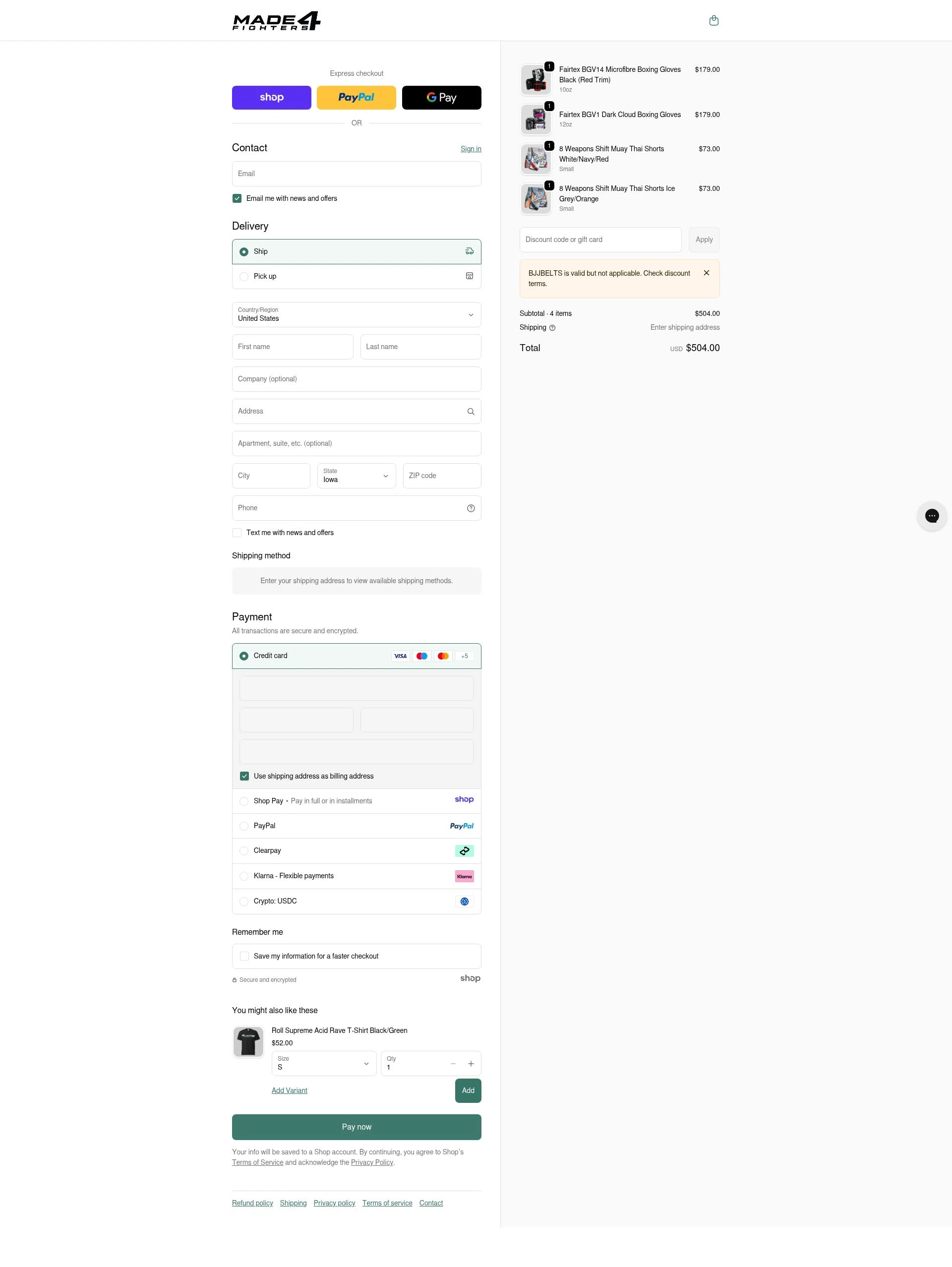 Made4Fighters checkout page showing Made4Fighters promo code box | Screenshot taken by SimplyCodes community member on Jan 3, 2026