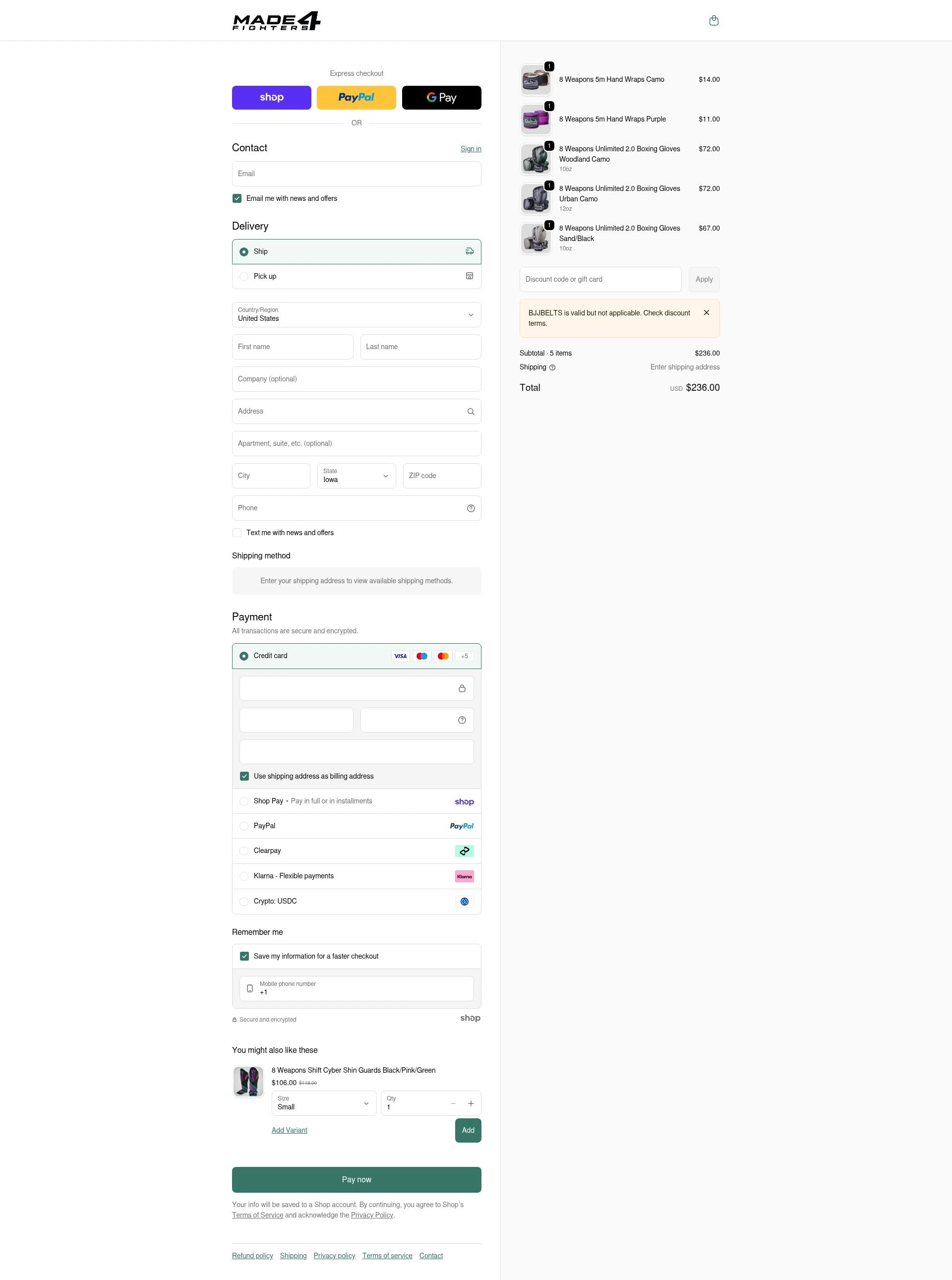 Made4Fighters checkout page showing Made4Fighters promo code box | Screenshot taken by SimplyCodes community member on Jan 28, 2026