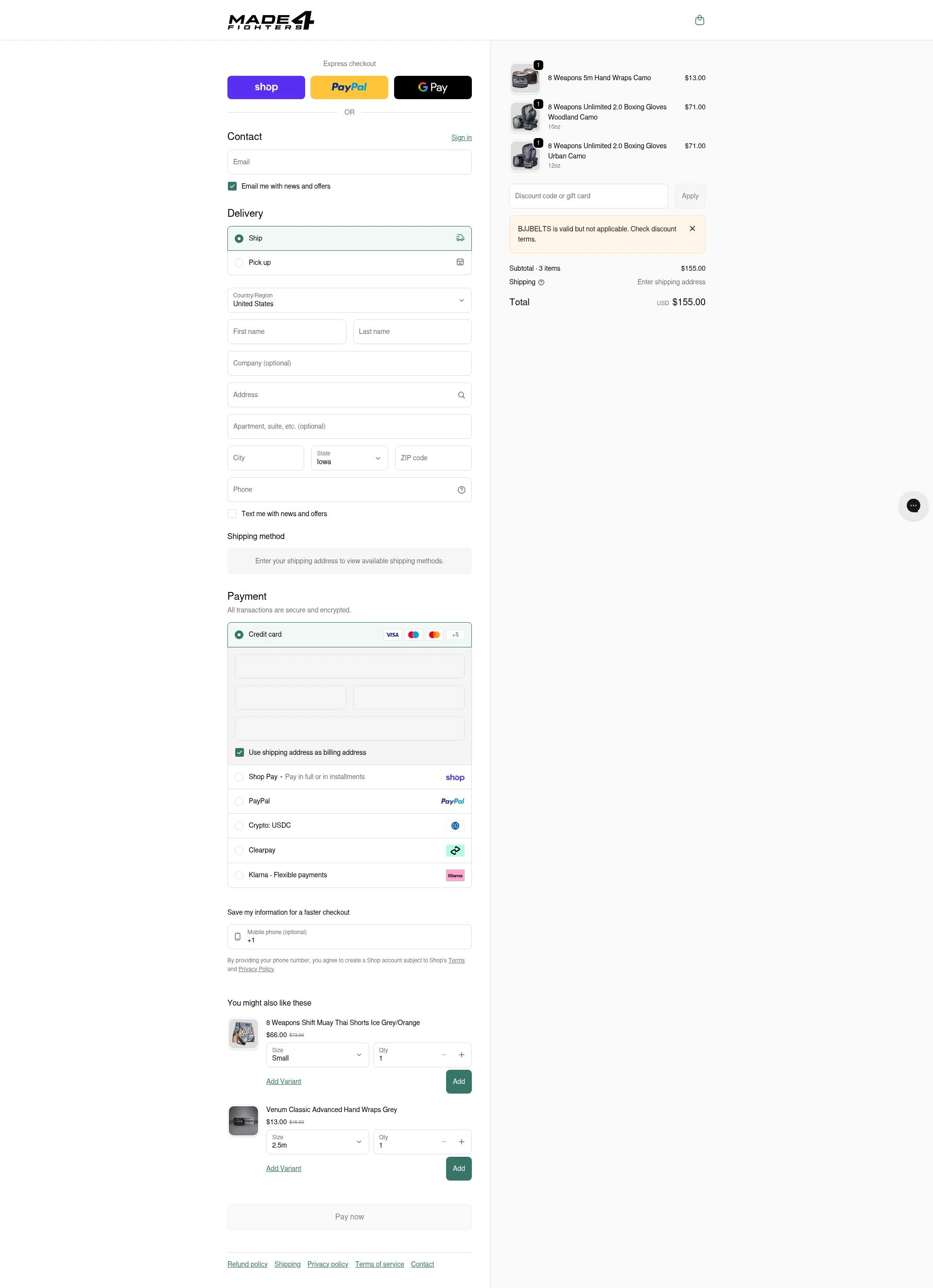 Made4Fighters checkout page showing Made4Fighters promo code box | Screenshot taken by SimplyCodes community member on Feb 5, 2026
