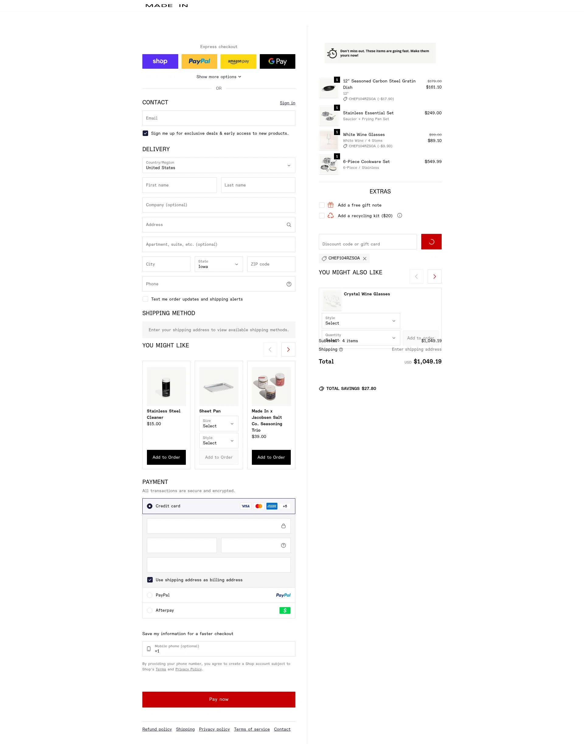 Made In Cookware checkout page showing Made In Cookware discount code box | Screenshot taken by SimplyCodes community member on Feb 7, 2026