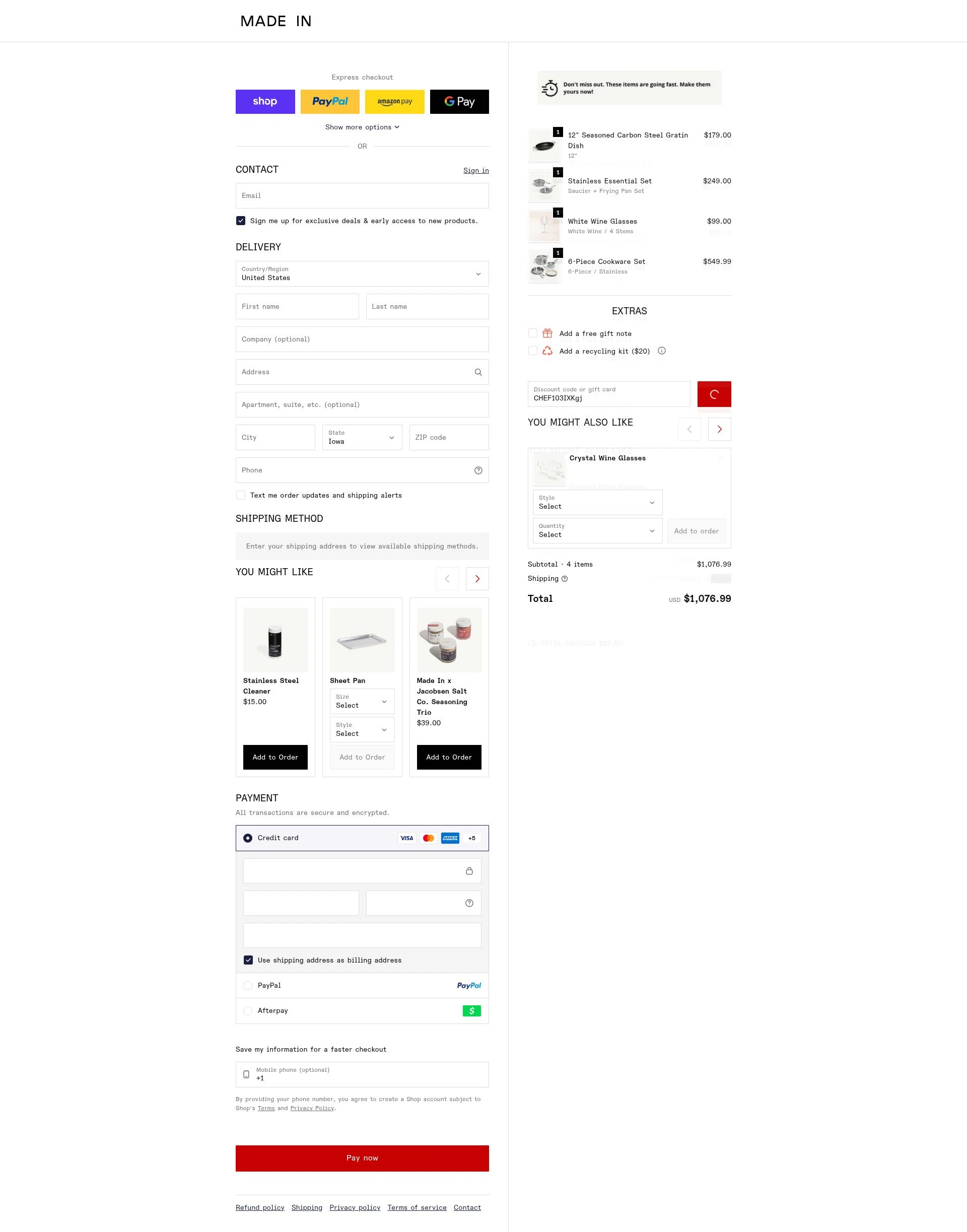 Made In Cookware checkout page showing Made In Cookware discount code box | Screenshot taken by SimplyCodes community member on Feb 6, 2026