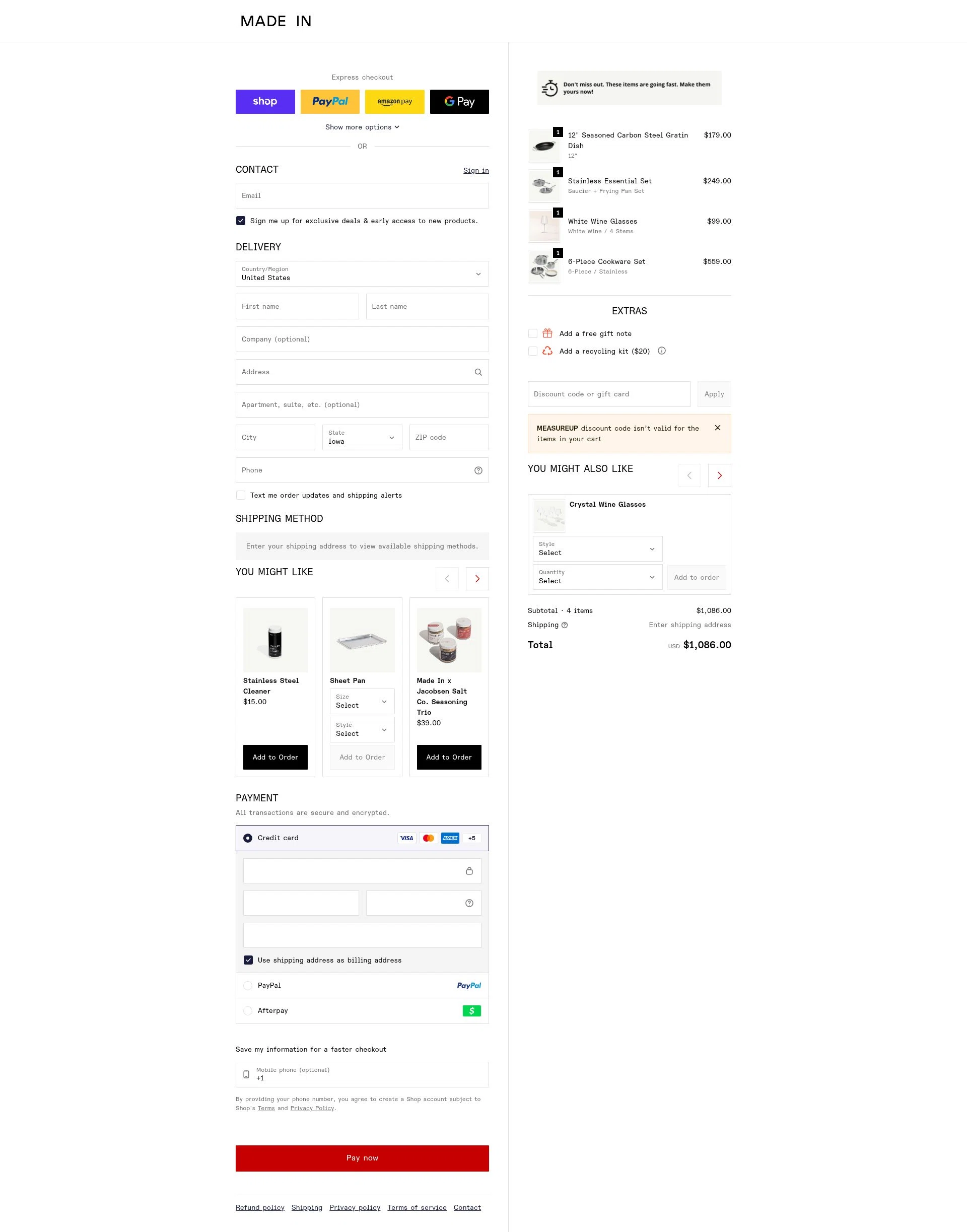 Made In Cookware checkout page showing Made In Cookware discount code box | Screenshot taken by SimplyCodes community member on Feb 3, 2026
