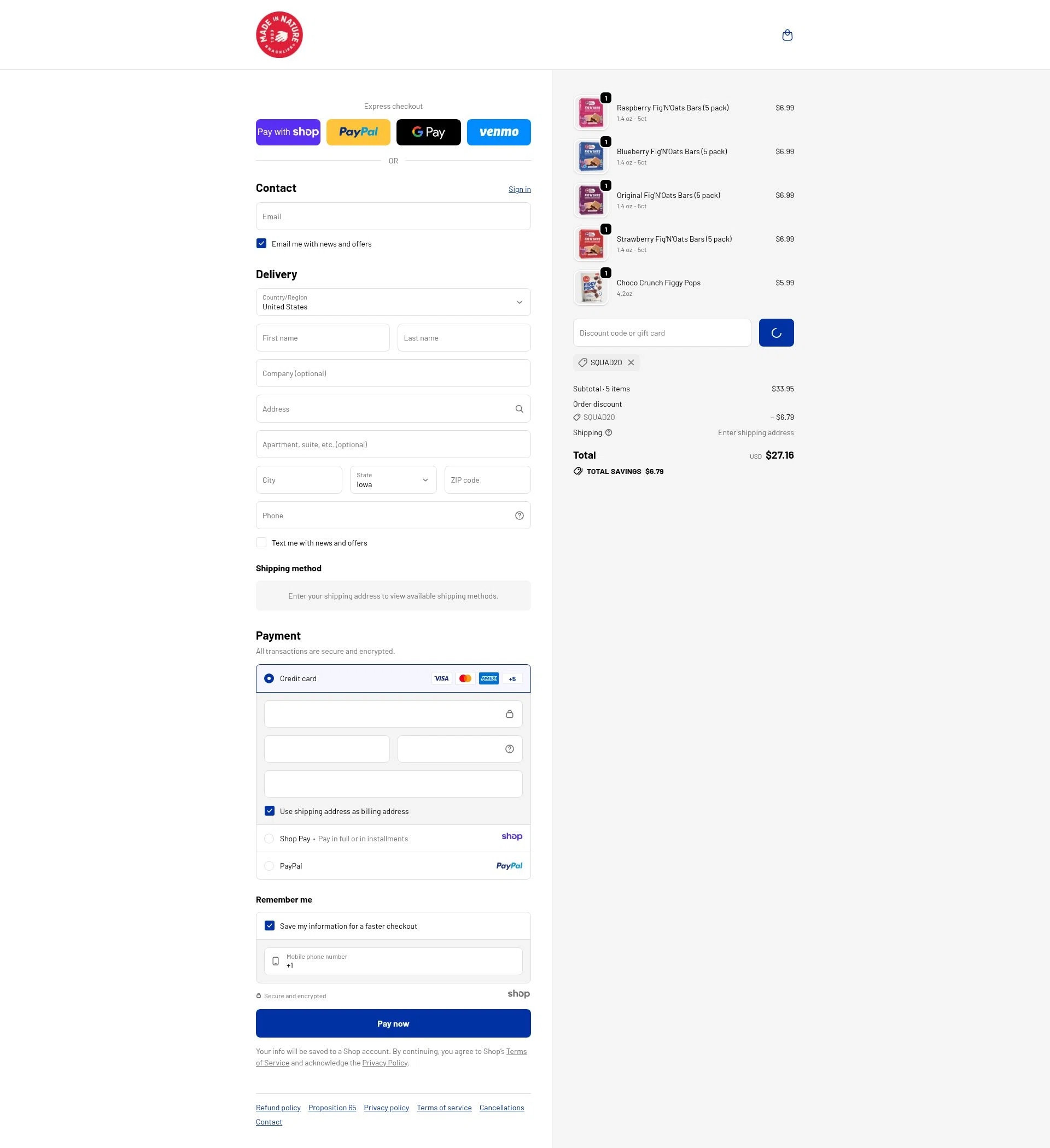 Made In Nature checkout page showing Made In Nature promo code box | Screenshot taken by SimplyCodes community member on Jan 7, 2026