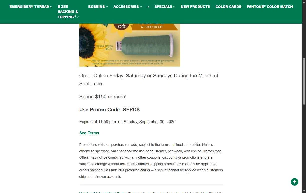 Madeira USA checkout page showing Madeira USA promo code box | Screenshot taken by SimplyCodes community member on Sep 9, 2025