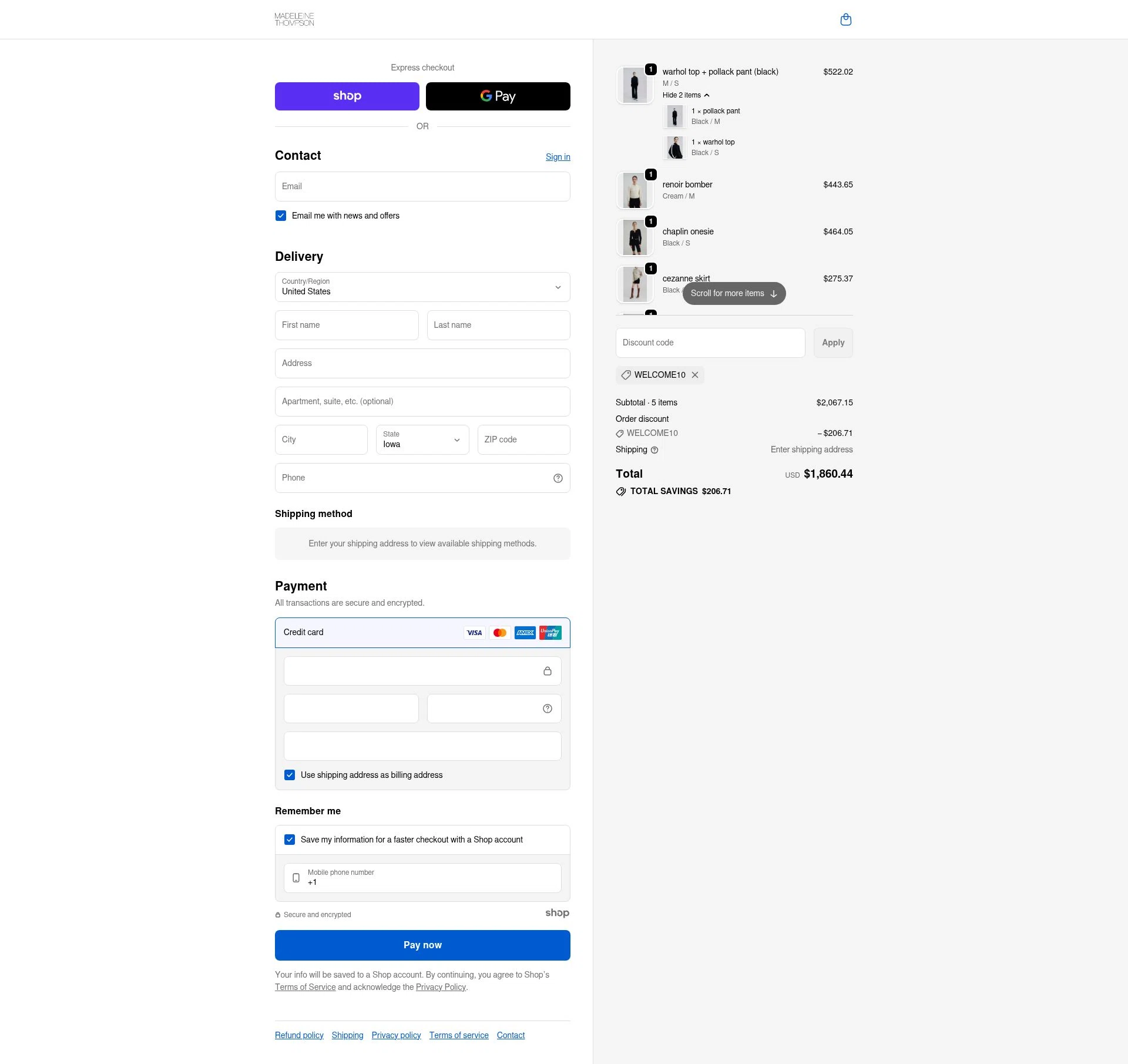 Madeleine Thompson checkout page showing Madeleine Thompson promo code box | Screenshot taken by SimplyCodes community member on Dec 8, 2025