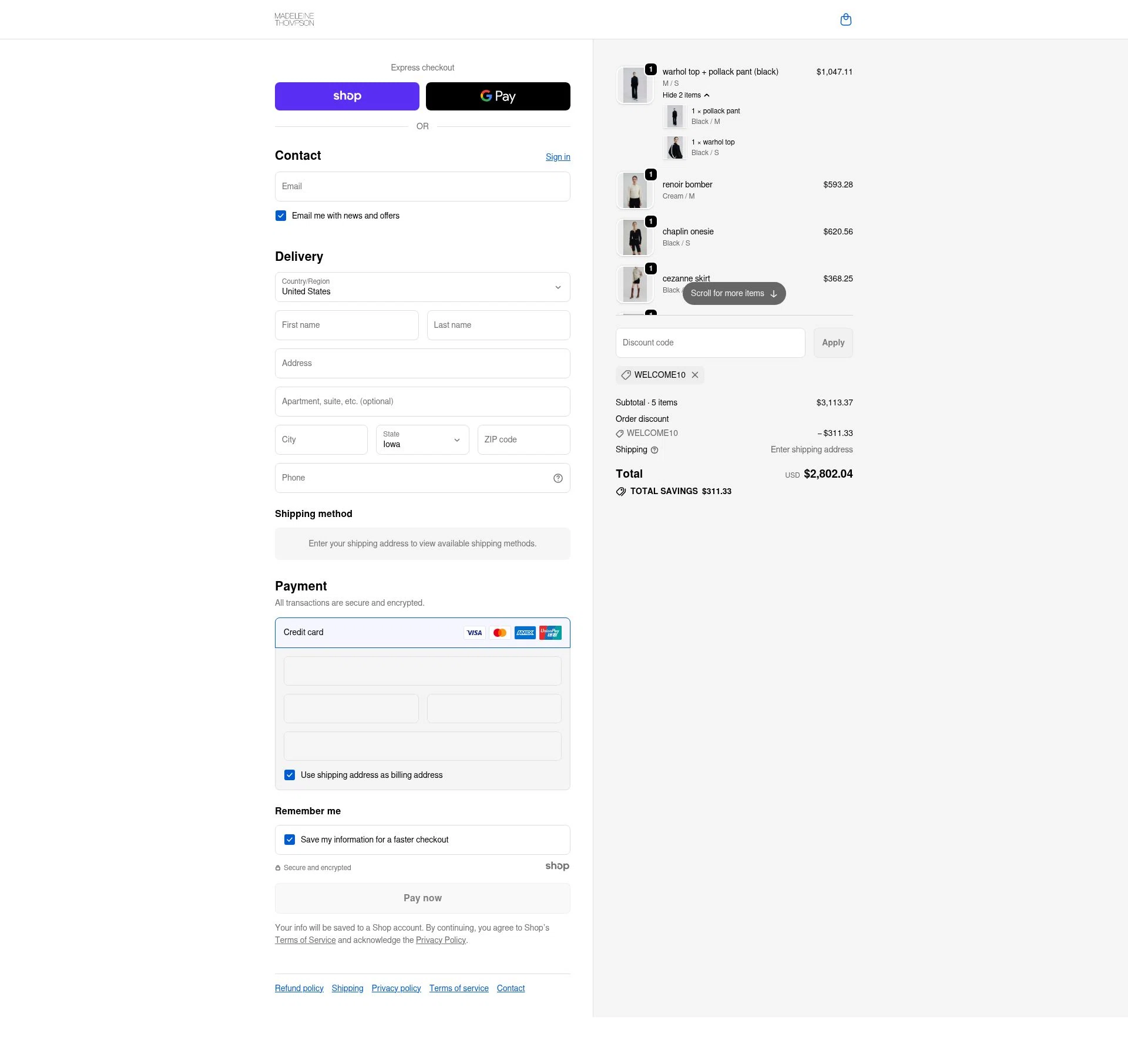 Madeleine Thompson checkout page showing Madeleine Thompson promo code box | Screenshot taken by SimplyCodes community member on Dec 13, 2025