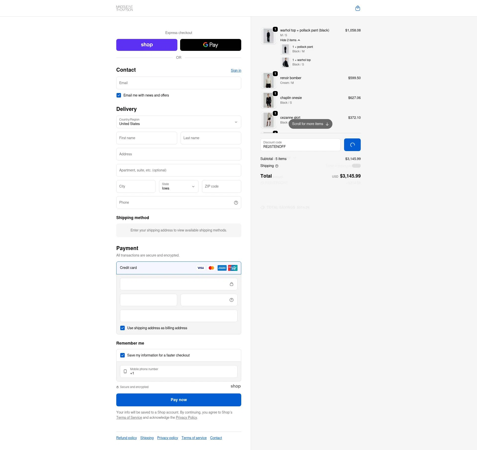 Madeleine Thompson checkout page showing Madeleine Thompson promo code box | Screenshot taken by SimplyCodes community member on Dec 26, 2025