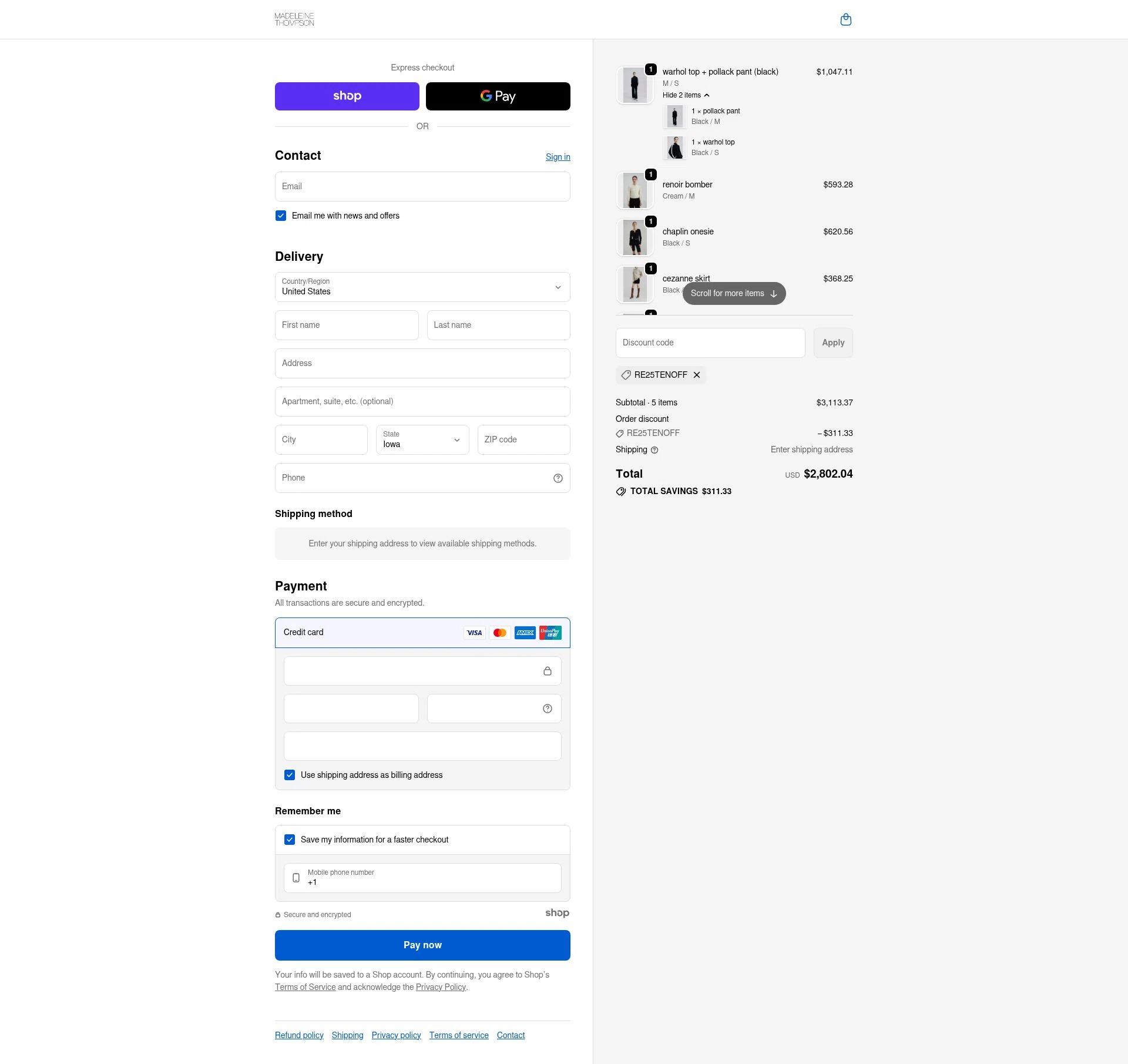 Madeleine Thompson checkout page showing Madeleine Thompson promo code box | Screenshot taken by SimplyCodes community member on Dec 13, 2025