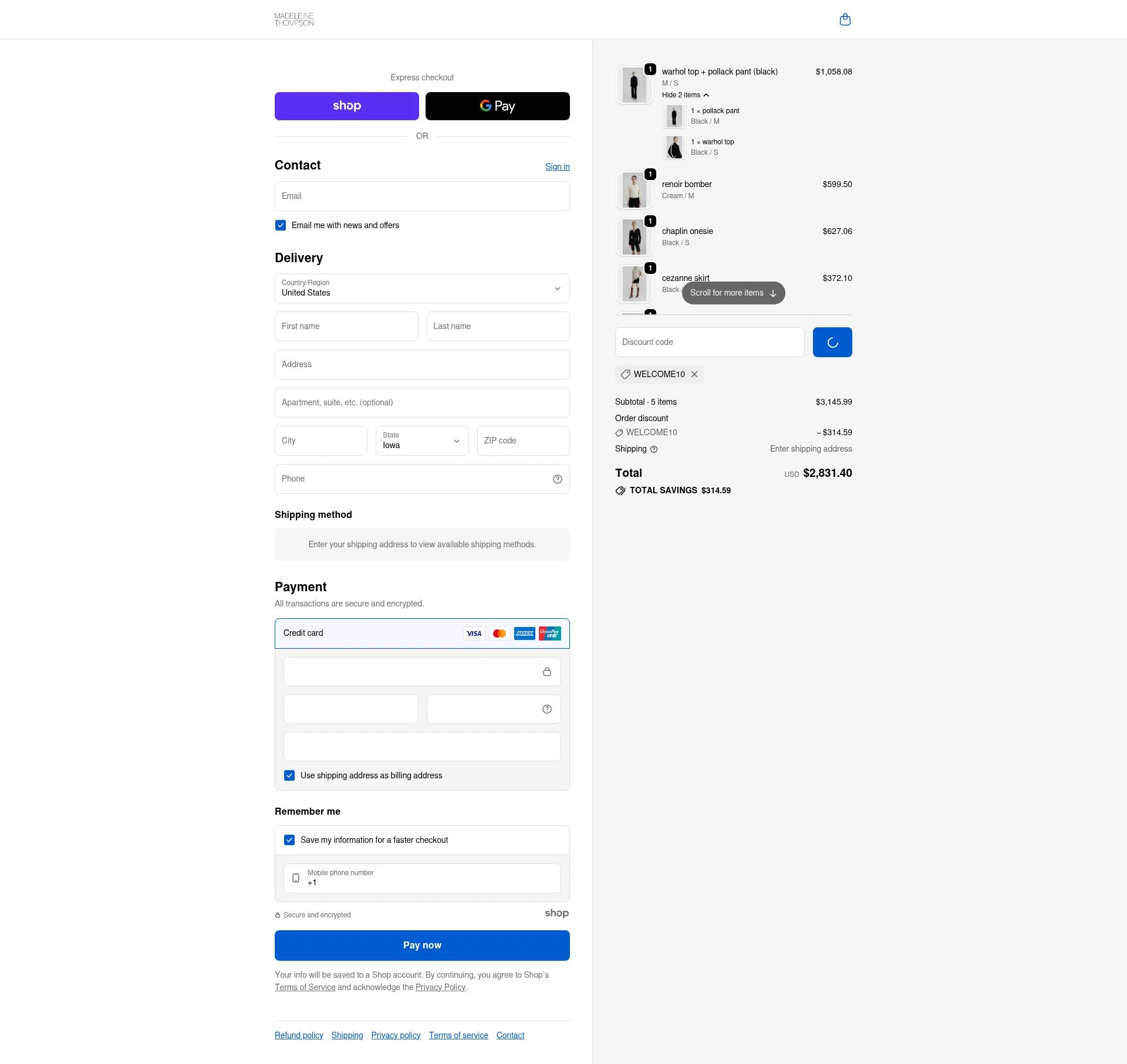 Madeleine Thompson checkout page showing Madeleine Thompson promo code box | Screenshot taken by SimplyCodes community member on Dec 26, 2025
