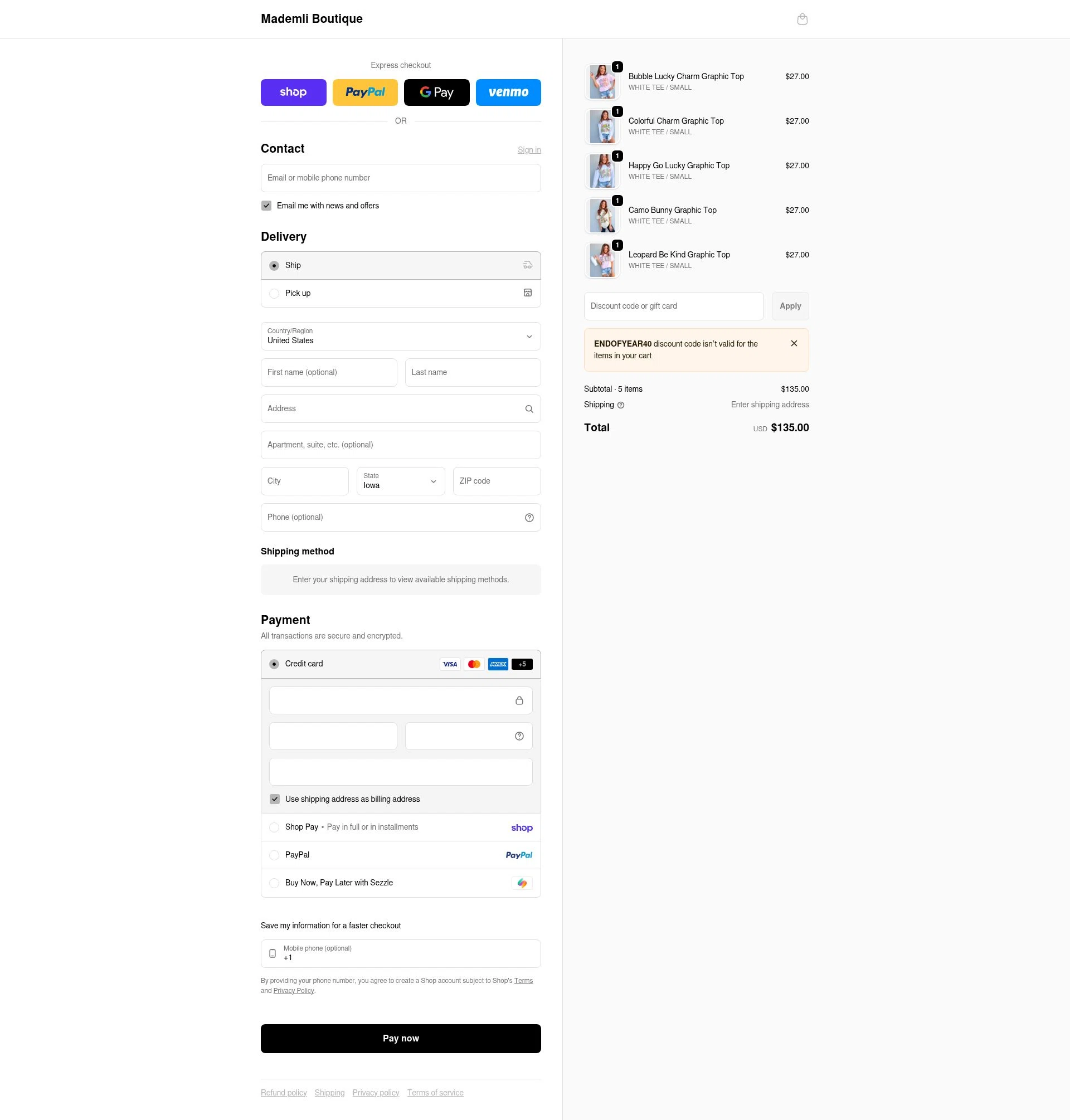 Mademli Boutique checkout page showing Mademli Boutique coupon code box | Screenshot taken by SimplyCodes community member on Feb 18, 2026