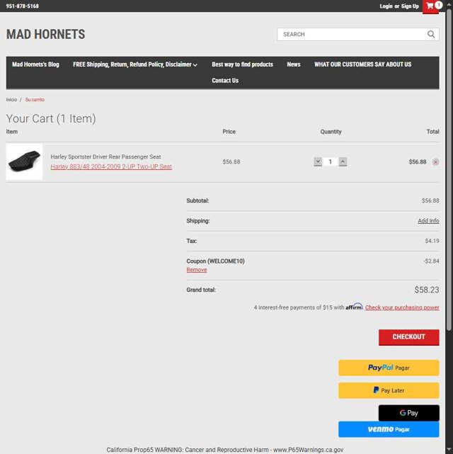 Mad Hornets checkout page showing Mad Hornets promo code box | Screenshot taken by SimplyCodes community member on Jul 4, 2025