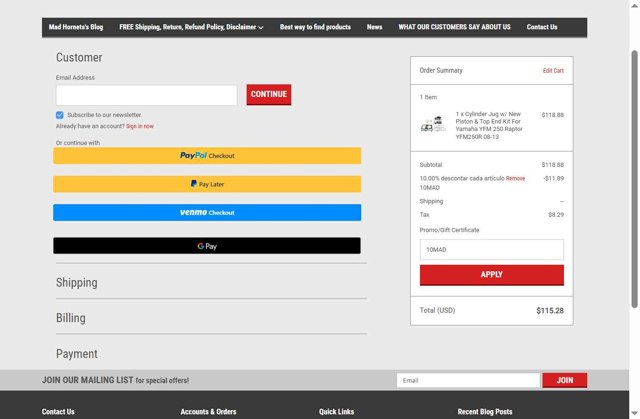 Mad Hornets checkout page showing Mad Hornets promo code box | Screenshot taken by SimplyCodes community member on Aug 6, 2025