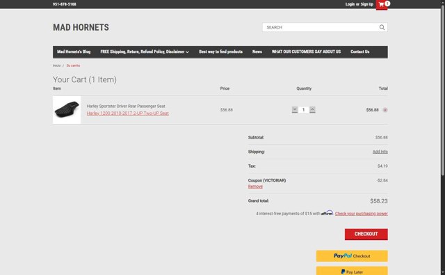 Mad Hornets checkout page showing Mad Hornets promo code box | Screenshot taken by SimplyCodes community member on Jul 6, 2025