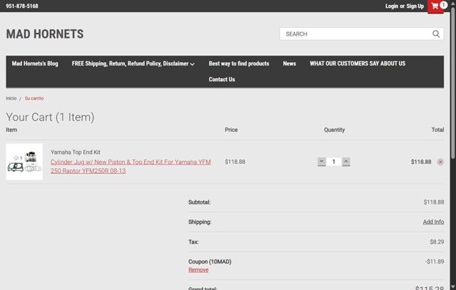 Mad Hornets checkout page showing Mad Hornets promo code box | Screenshot taken by SimplyCodes community member on Aug 27, 2025