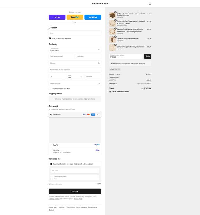 Madison Braids checkout page showing Madison Braids promo code box | Screenshot taken by SimplyCodes community member on Sep 10, 2025