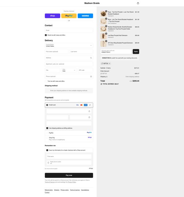 Madison Braids checkout page showing Madison Braids promo code box | Screenshot taken by SimplyCodes community member on Sep 10, 2025