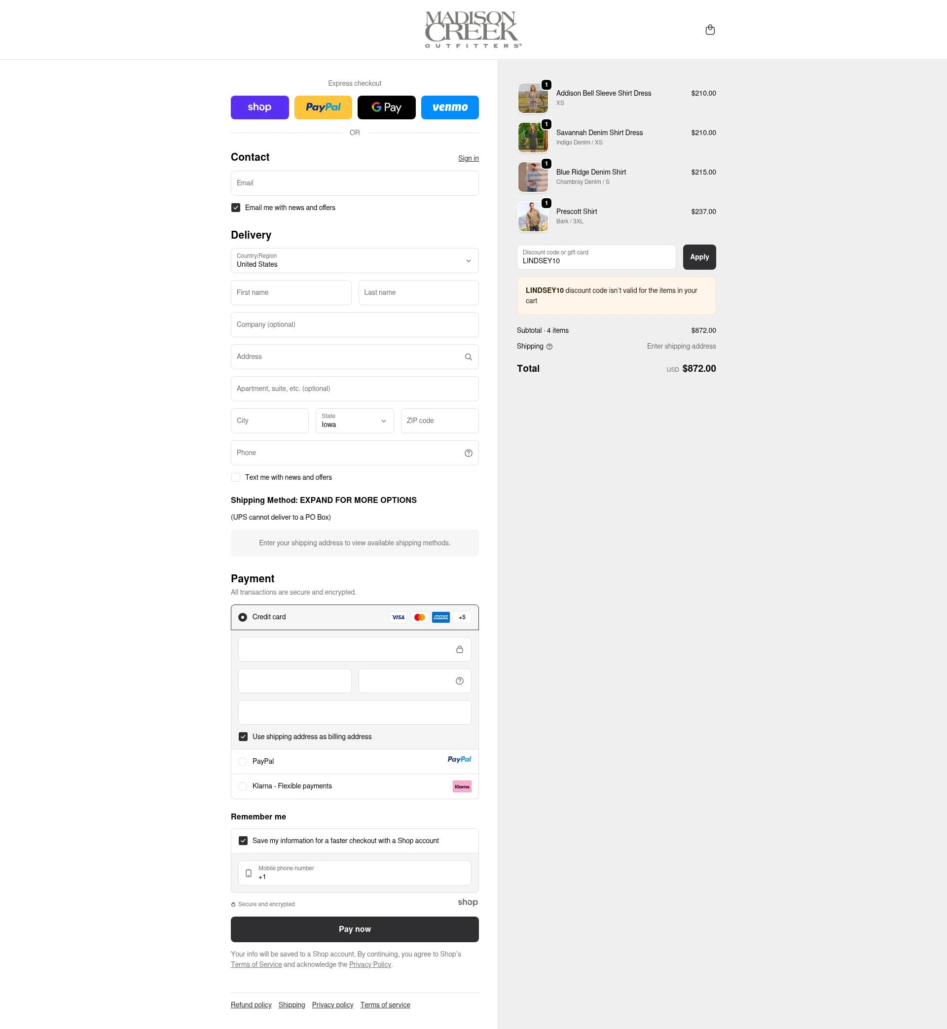 Madison Creek Outfitters checkout page showing Madison Creek Outfitters promo code box | Screenshot taken by SimplyCodes community member on Sep 29, 2025