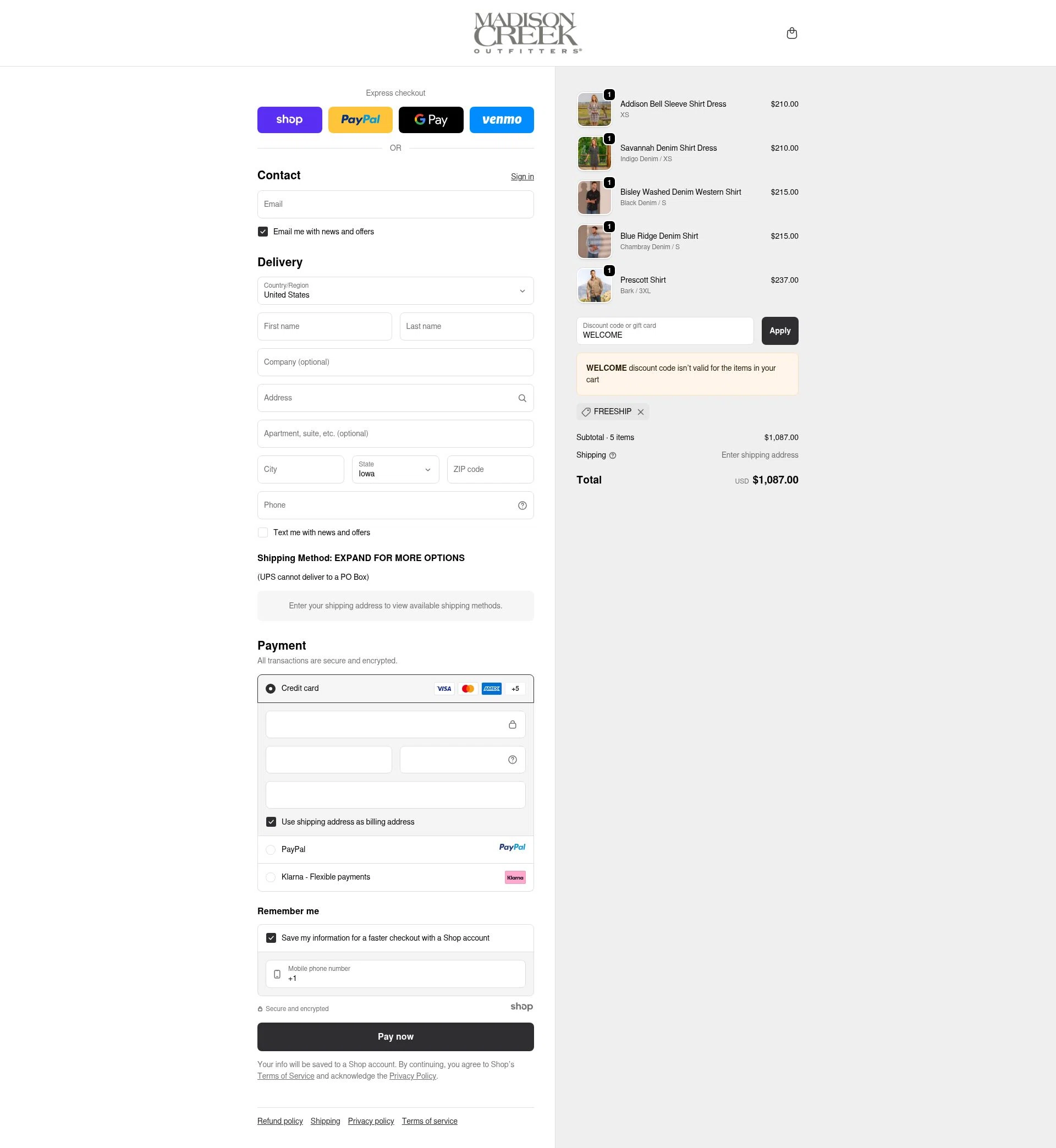 Madison Creek Outfitters checkout page showing Madison Creek Outfitters promo code box | Screenshot taken by SimplyCodes community member on Sep 25, 2025