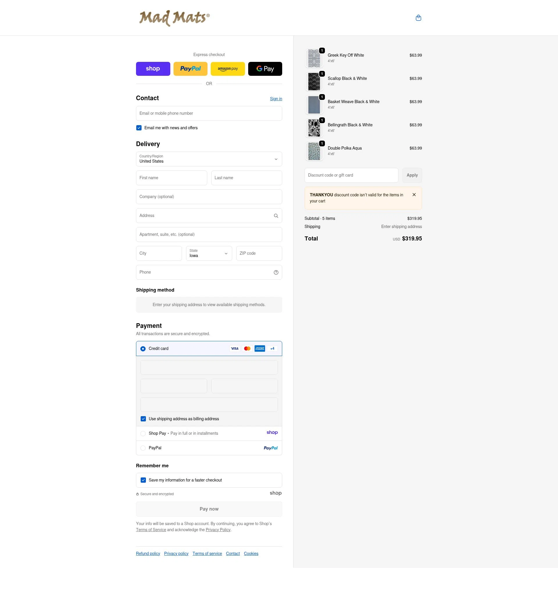 Mad Mats checkout page showing Mad Mats discount code box | Screenshot taken by SimplyCodes community member on Dec 23, 2025