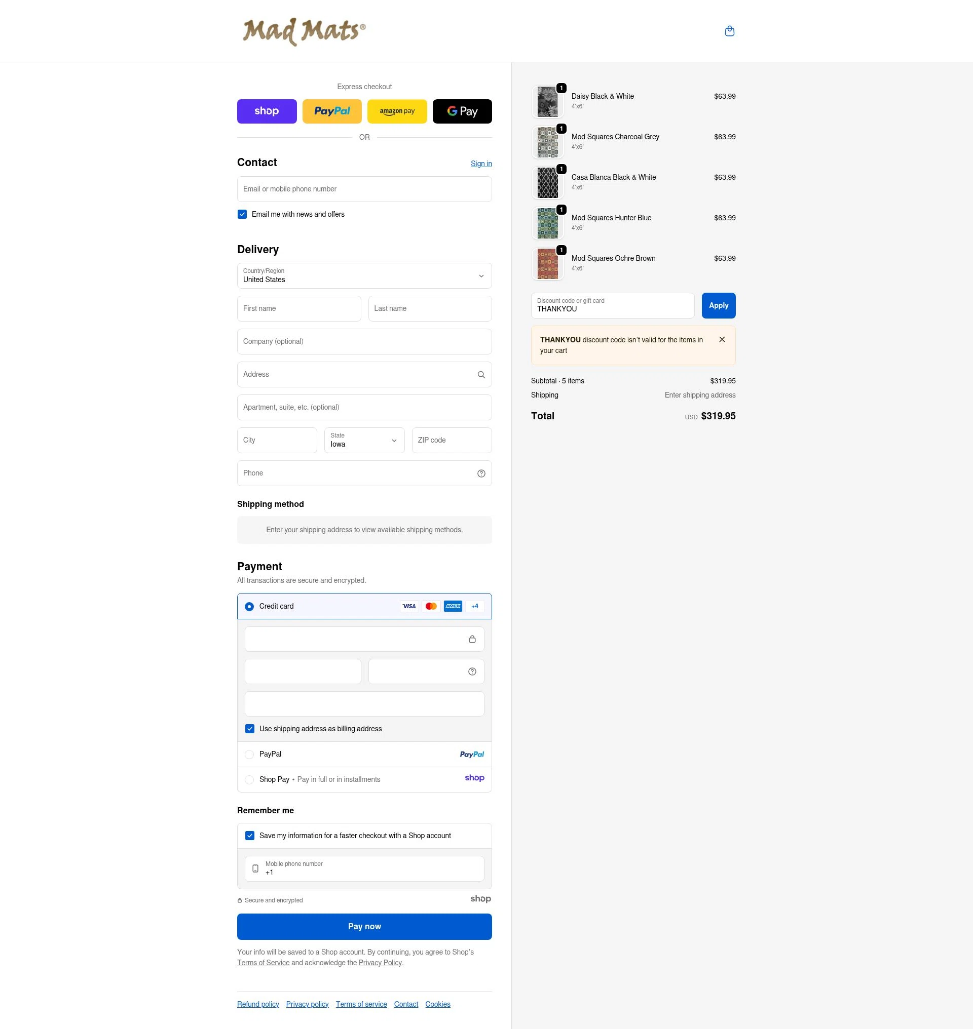 Mad Mats checkout page showing Mad Mats discount code box | Screenshot taken by SimplyCodes community member on Dec 5, 2025